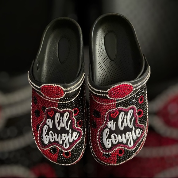 Black and Red Rhinestone Mules with Lil Bougie Design - Picture 3 of 3